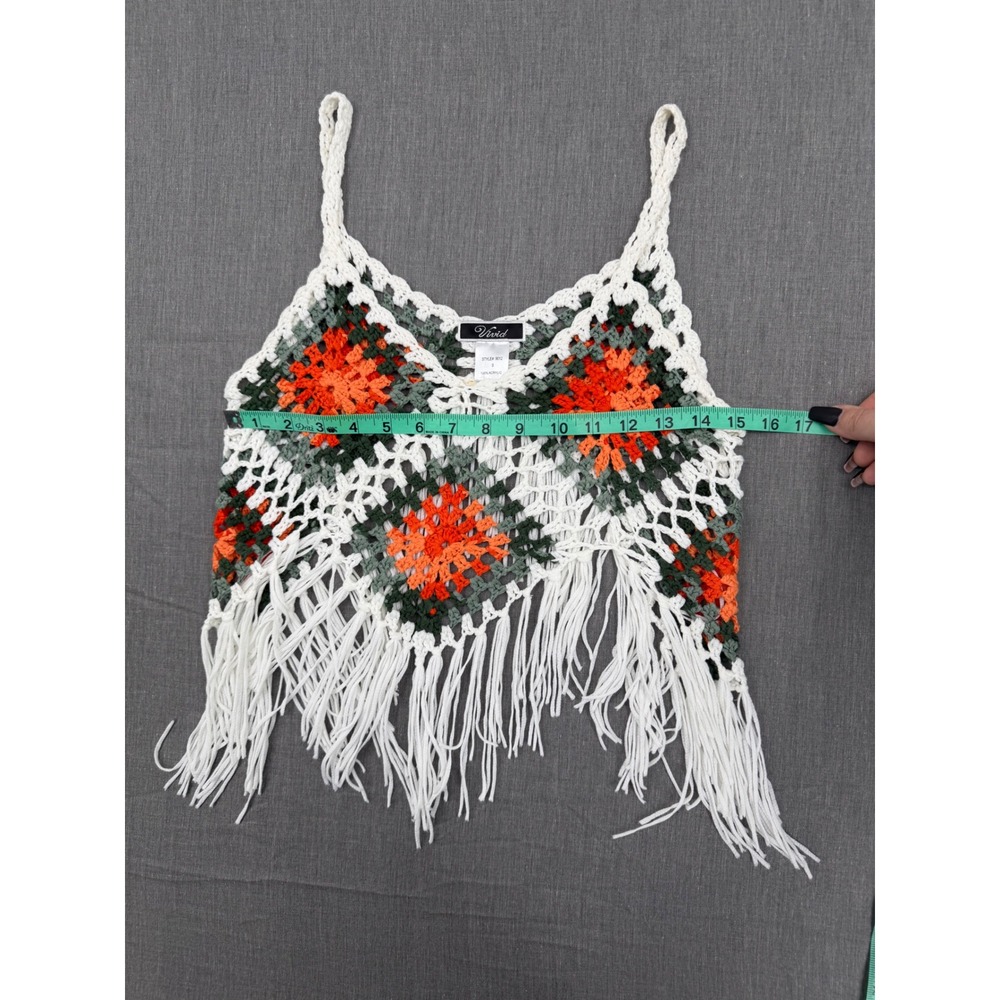 Vivid Womens Small‎ Crochet Granny Square Fringe Crop Top Orange Green Boho - Picture 6 of 8